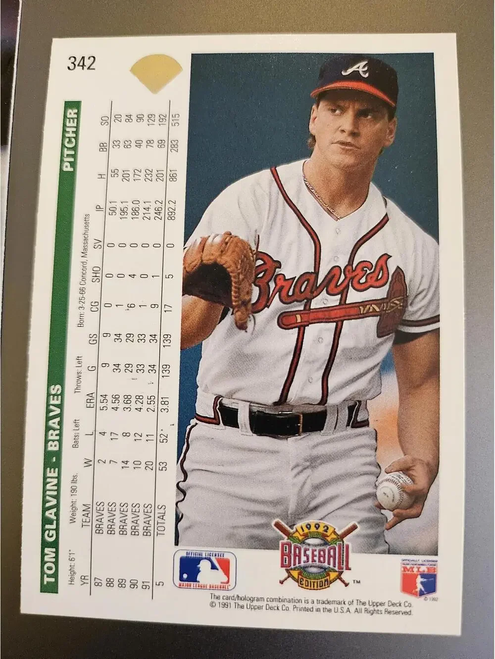 1992 Upper Deck Baseball #342 Tom Glavine Atlanta Braves HOF